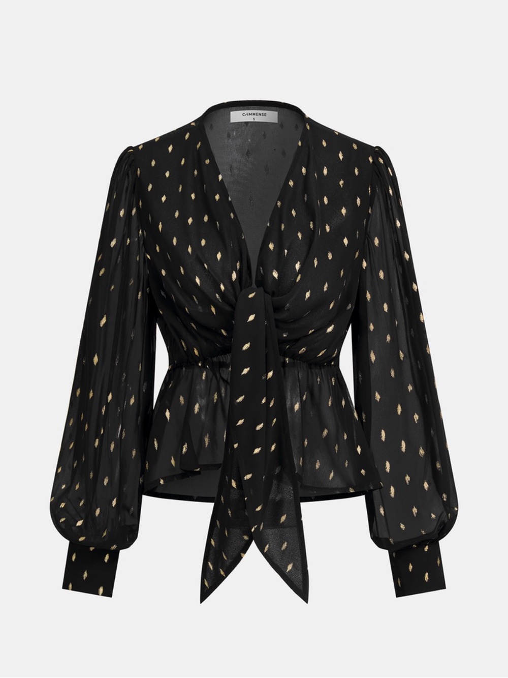 Commense Black Tie-Front Blouse with Gold Dot Print